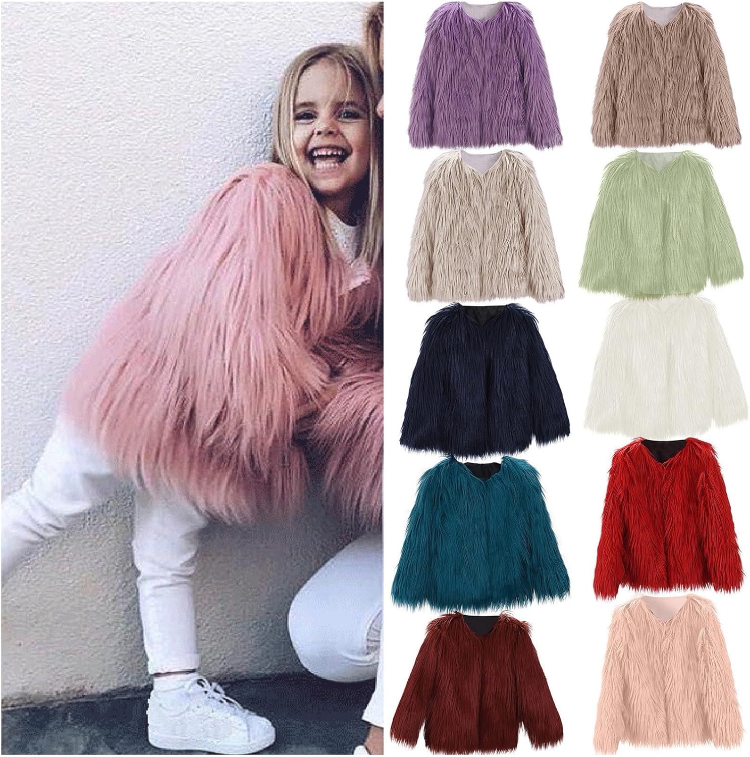 Cute Girls Cardigan with Faux Fur Windproof Warm for Autumn Winter