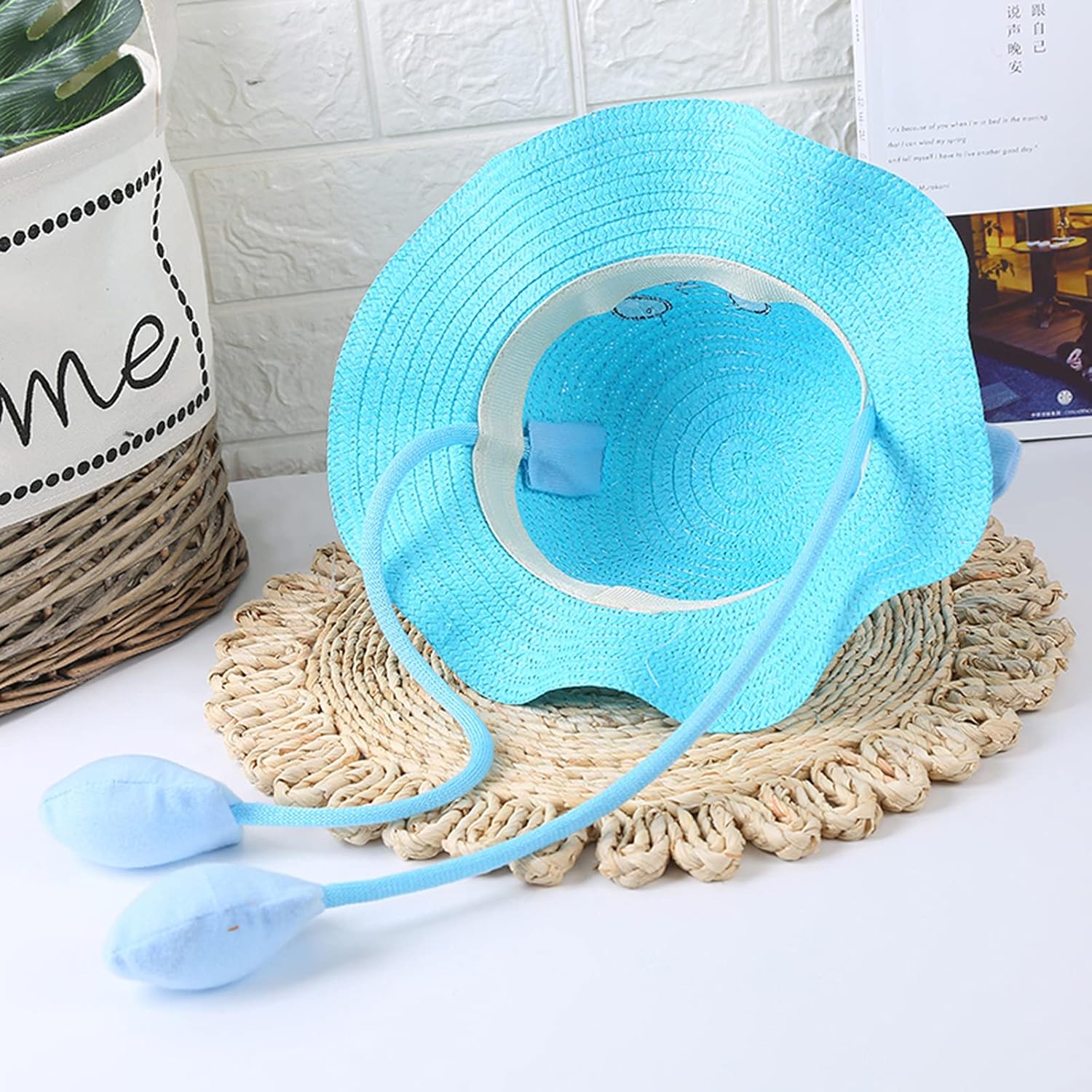 UPF 50 Toddler Straw Sun Hat with Moving Ears Adjustable Cotton Bucket