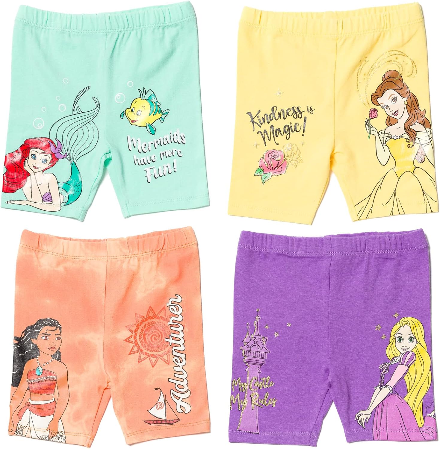 Disney Princess Ariel Belle Rapunzel Moana Bike Shorts 4-Pack