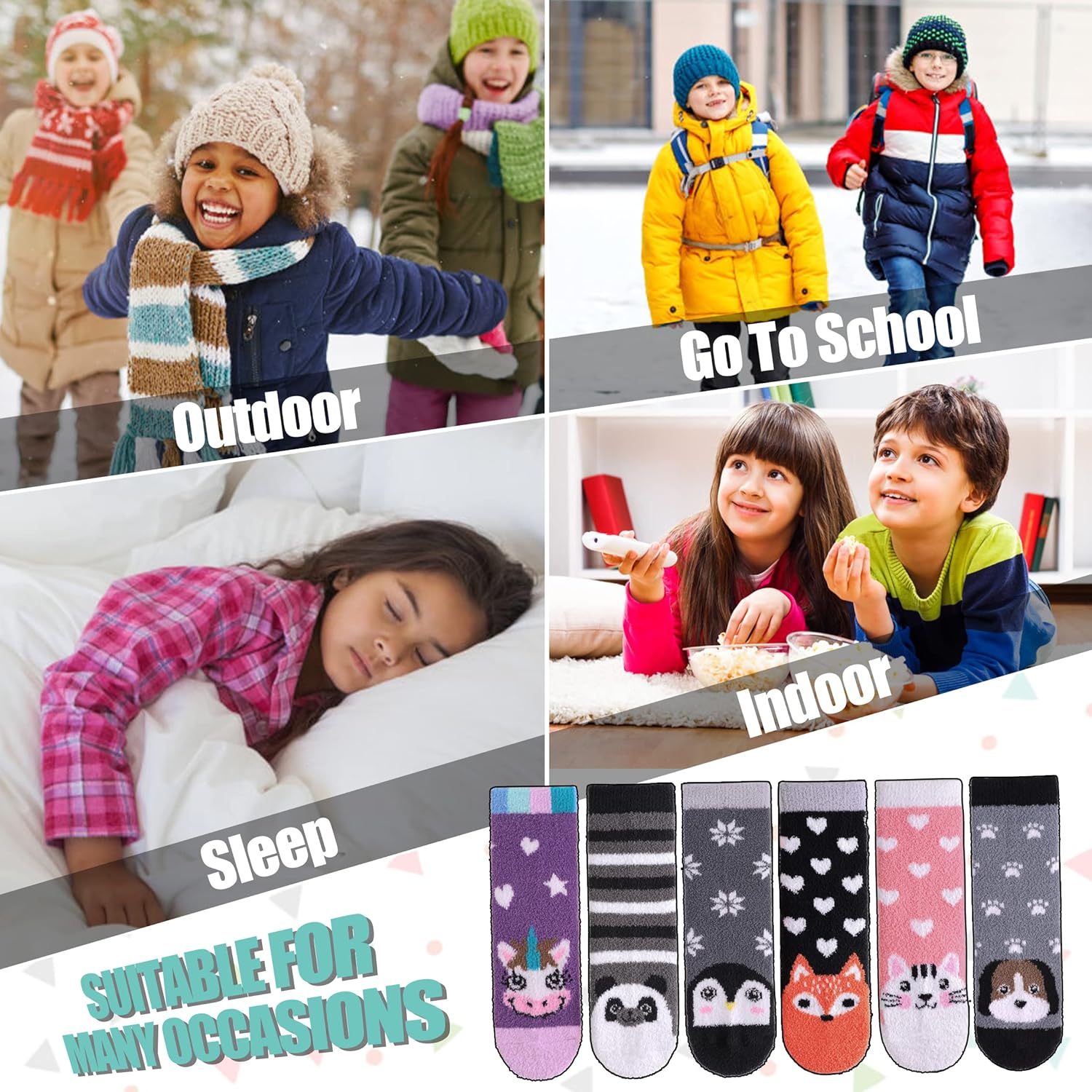 LINEMIN Kids Fuzzy Socks 6 Pairs Non-Slip Warm