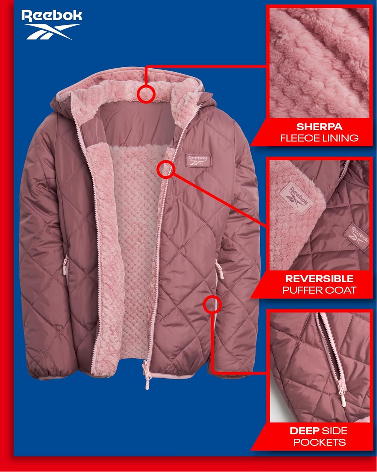 Reebok Girls Reversible Puffer Jacket
