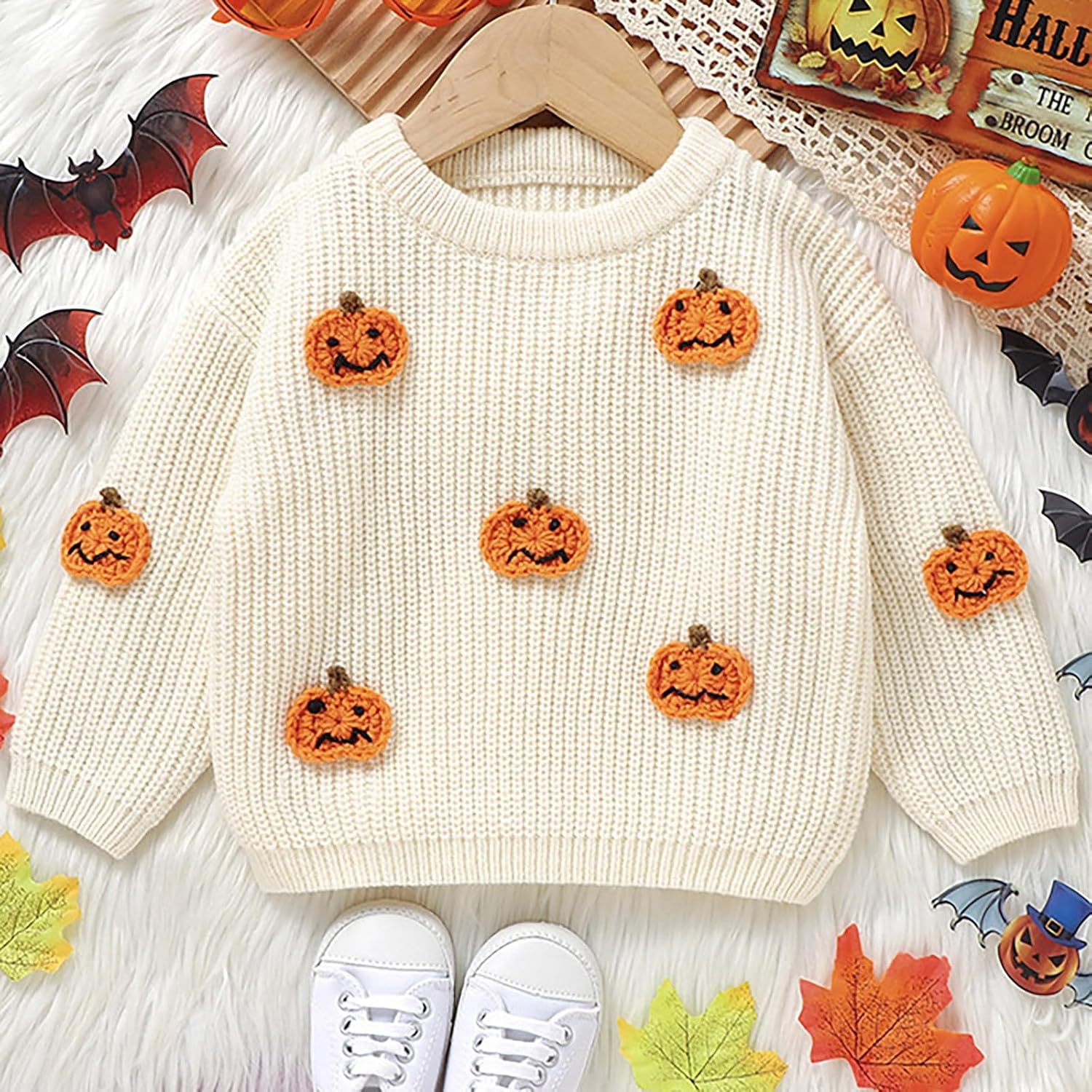 Halloween Sweater for Girls Toddler Cute Knit Sweater with Embroidered Pumpkins