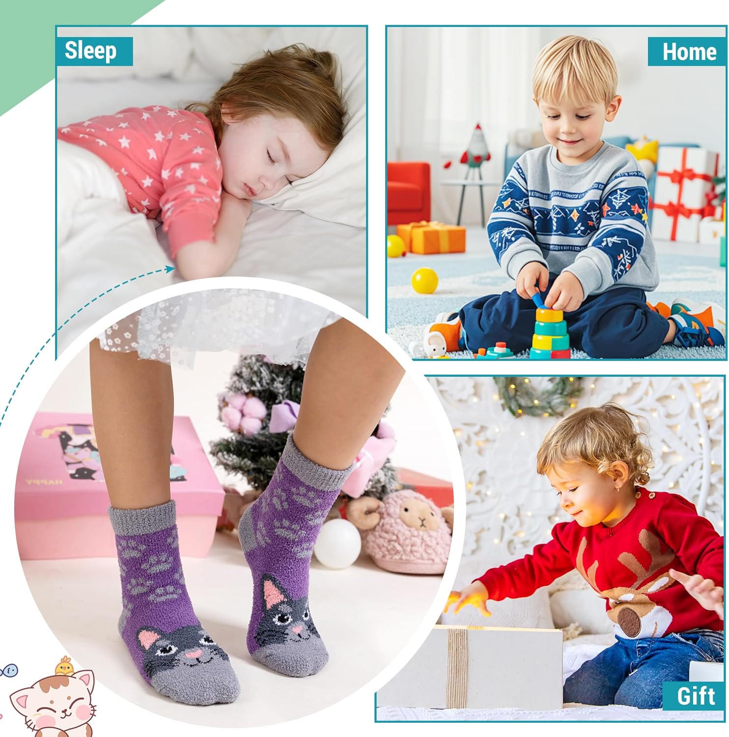 Eecom Kids Fuzzy Slipper Socks with Grips