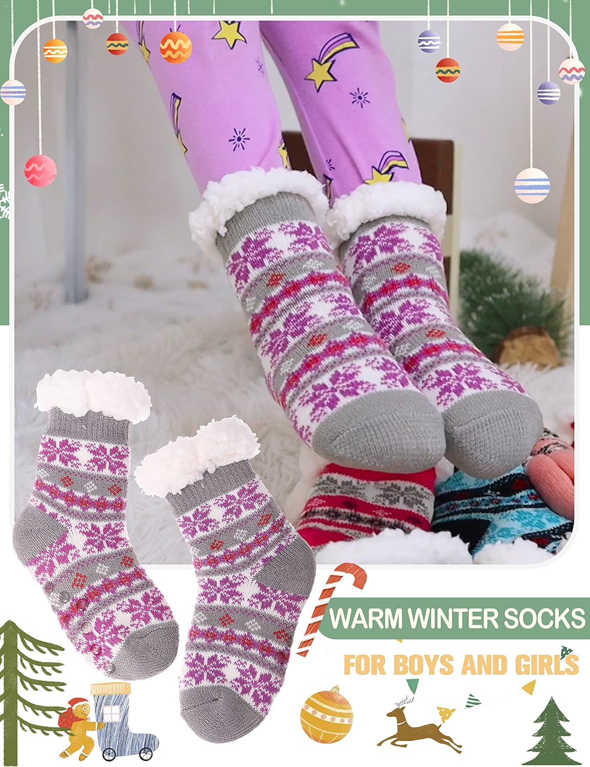 MOGGEI Fluffy Fleece Lined Winter Slipper Socks for Kids 1