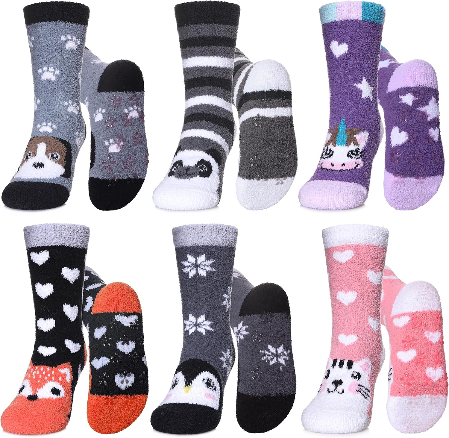 LINEMIN Kids Fuzzy Socks 6 Pairs Non-Slip Warm